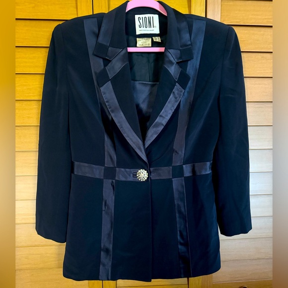 Sioni Navy Blue Designer Rhinestone Button Luxury Glamorous Blazer, Jacket, Sz 8 - Picture 2 of 12